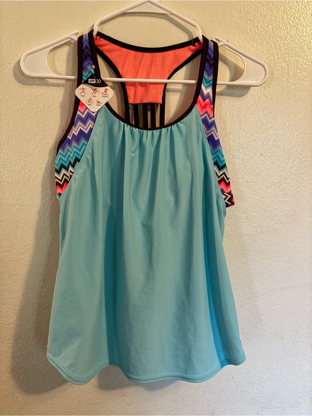 ZeroXposur Aqua Tank Top with Coral Racerback and Multicolor Chevron Straps
